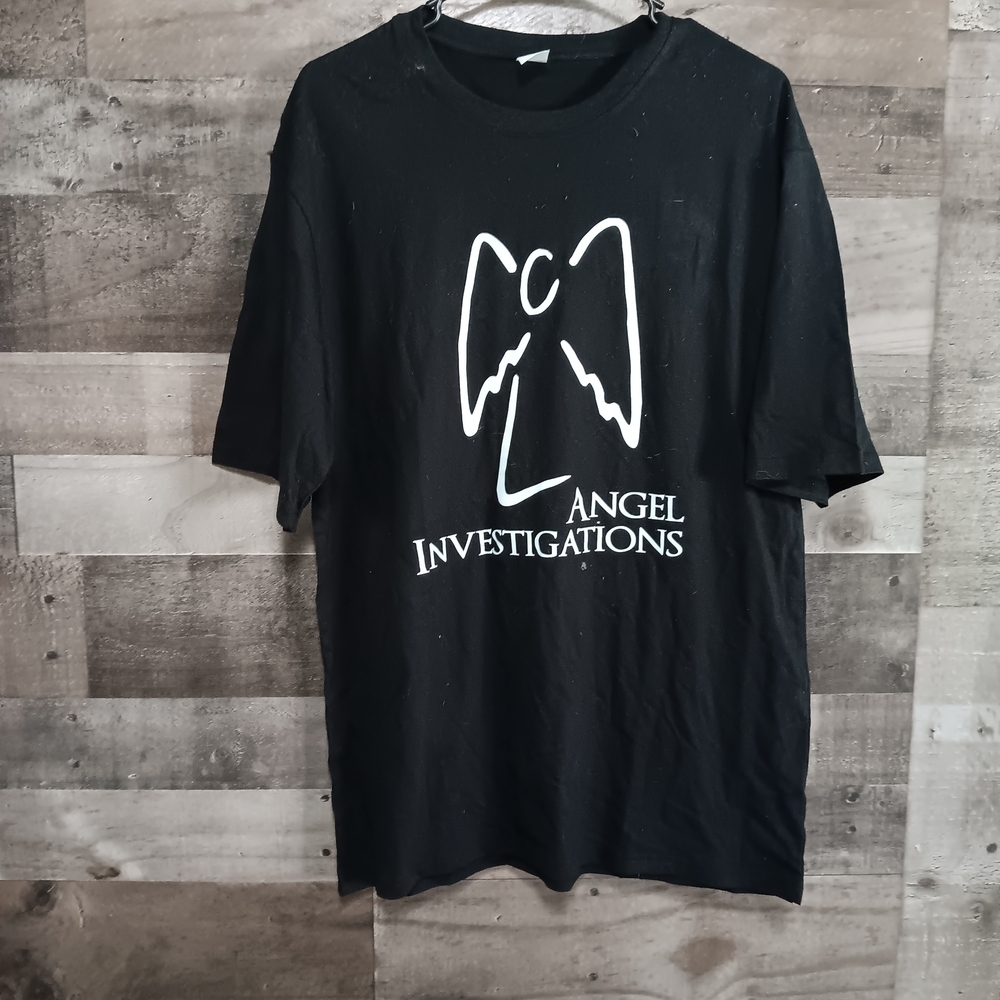 Men's Black Short Sleeve Tee with Angel Investigations  Graphic